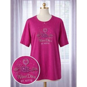 New Wine Diva St. Kitts Caribbean Island Rhinestone Bling T-Shirt Tee Pink Sz  L